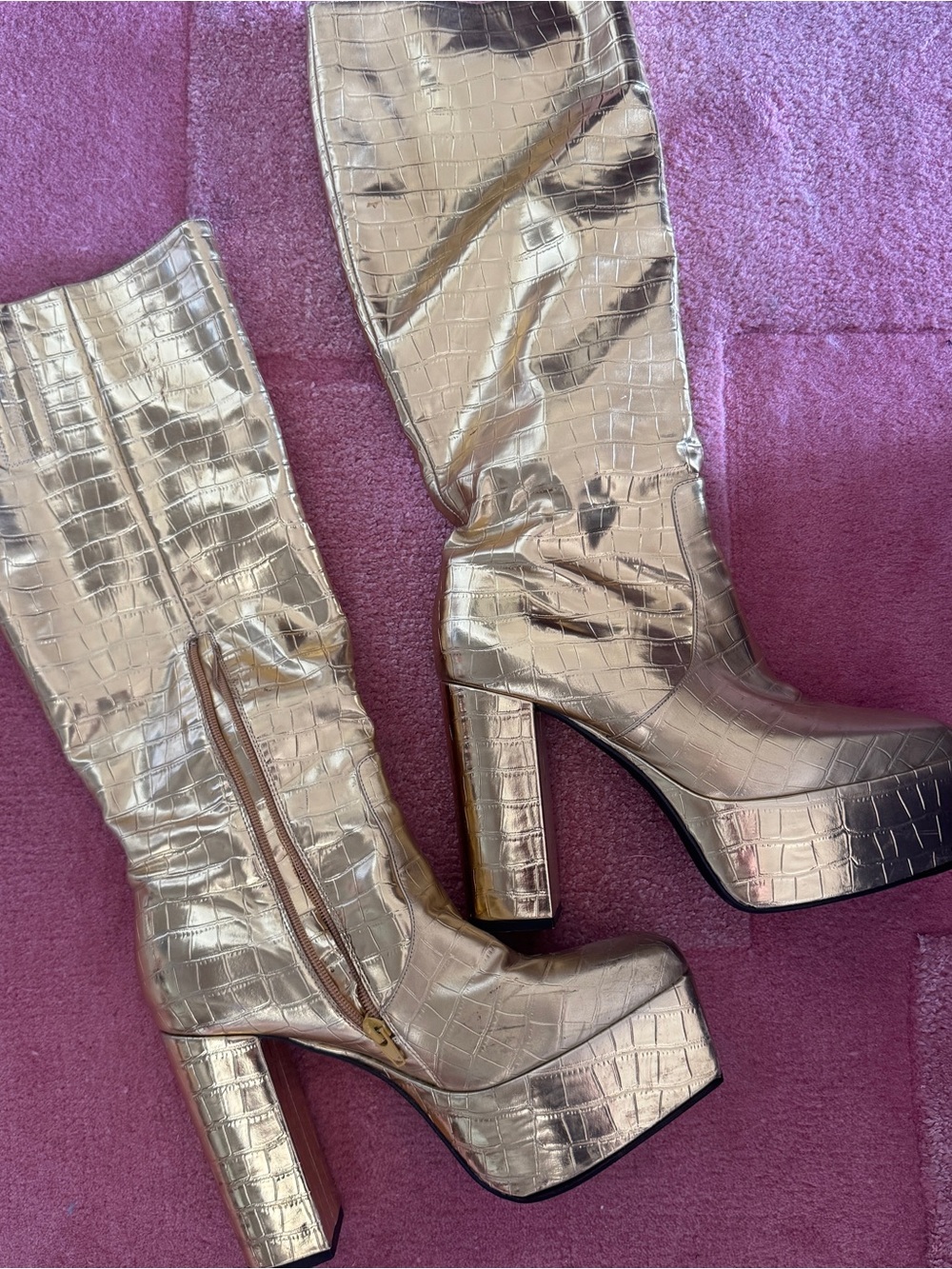 Jeffrey Campbell Metallic Gold Croc-Embossed Platform Knee-High Boots